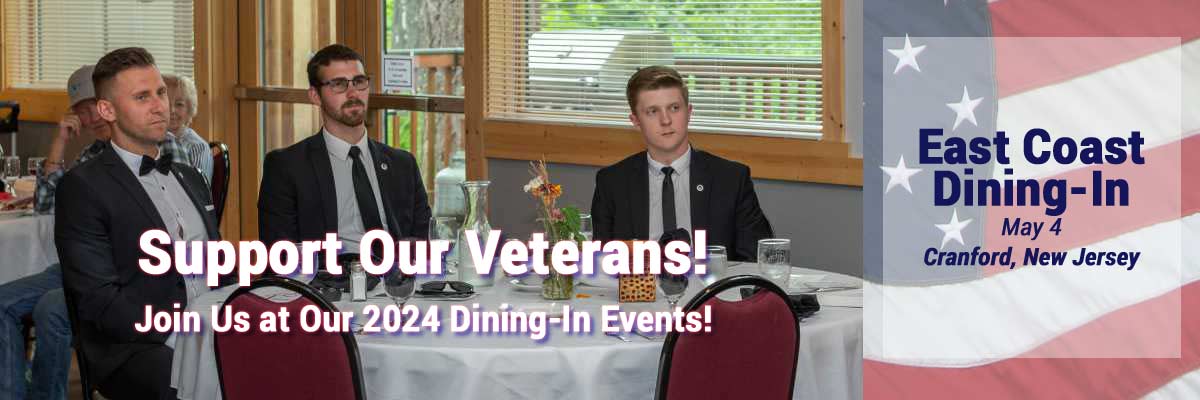 Photo with group of three men at table at the 2023 Dining-In Attendees with caption: Support Our Veterans! Join Us at Our 2024 Dining-In Events!