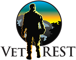 VetRest.org logo - soldier facing toward mountain sunset image, with VETREST text