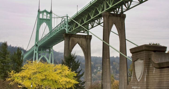 St Johns Bridge with Cathedral park underneath Looking west