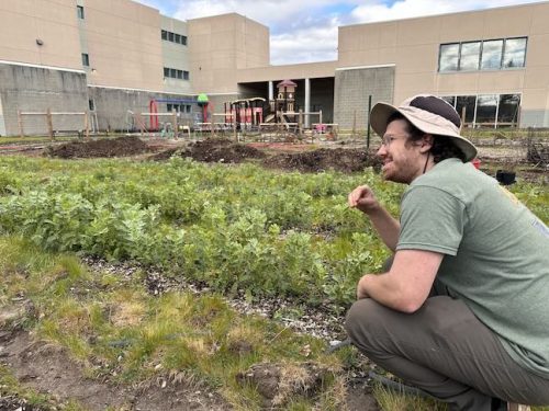 Bybee Lakes Victory Garden Manager, Jacob Ewert, helping with Mason Bee workshop, March 2026